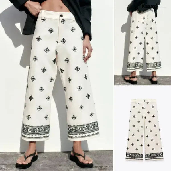 Pantalones de mujer informales sueltos bordados de oficina de lino de cintura alta Pantalones rectos con cremallera pantalones elegantes para mujer verano 2023