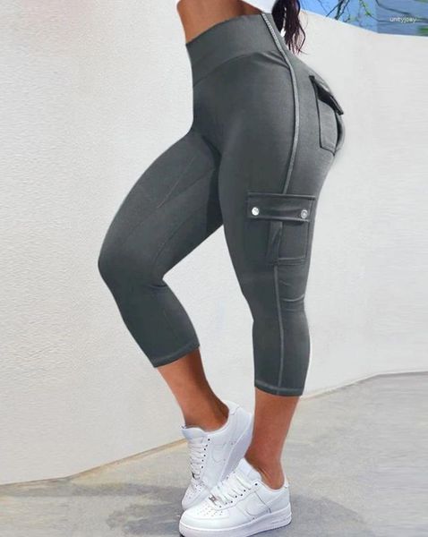 Pantalon femme décontracté poche conception taille haute Capris sport Leggings femme mode actif maigre été femmes pantalon