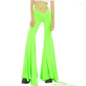 Pantalon femme décontracté à volants évasé jambe large solide extensible cloche bas Sexy taille basse plissé haut-parleur serré et Long