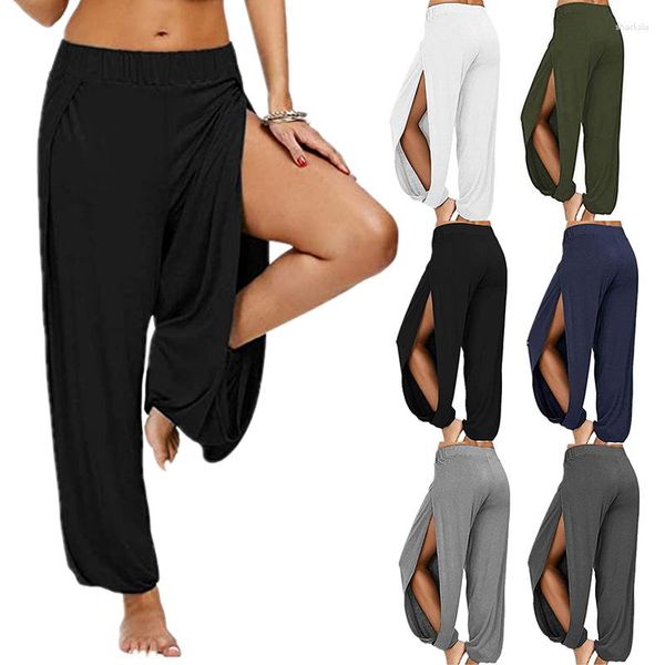 Pantalones de mujer informales lisos con cintura elástica calada, mallas deportivas suaves con abertura larga para verano, ropa de gimnasio para mujer, entrenamiento de pierna ancha