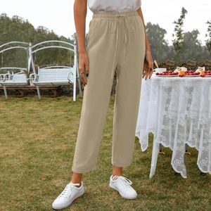 Pantalon femme décontracté droit été femmes coton lin couleur unie taille élastique ample femme longueur cheville pantalon confortable