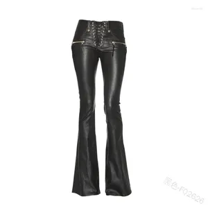 Damesbroek Casual streetwear Dames Punk Gothic Zwart PU-leer Hoge taille Bandage Skinny Slim Flared Broek Kleding S-5XL