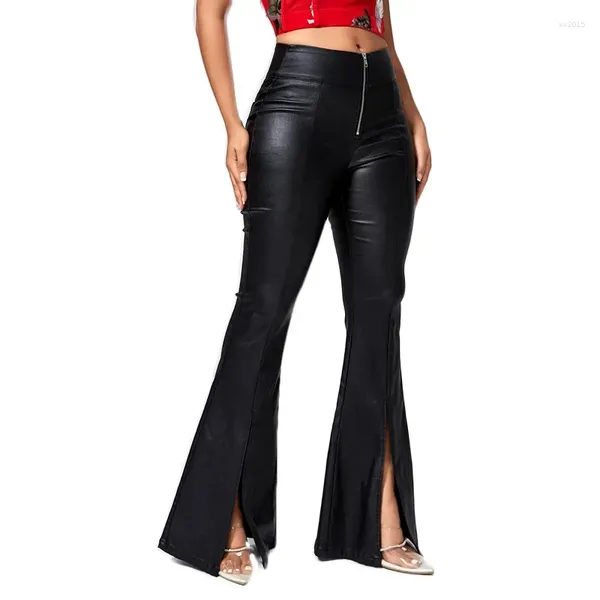 Pantalones de mujer Casual Streetwear Mujeres Punk Gótico Negro PU Cuero Alta Cintura Vendaje Flaco Slim Flared Pantalones Ropa