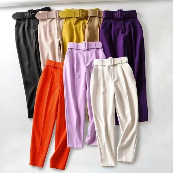 Pantalon décontracté avec légère élasticité pour femme, coupe ajustée et décoration de ceinture, couleur unie, jambe droite, costume court