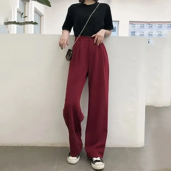 Pantalones de mujer Casual Mujer Vintage Puro Borgoña Oficina Señora Pantalones largos Verano Suave Elegante Bolsillos Minimalista Femme Chic Streetwear