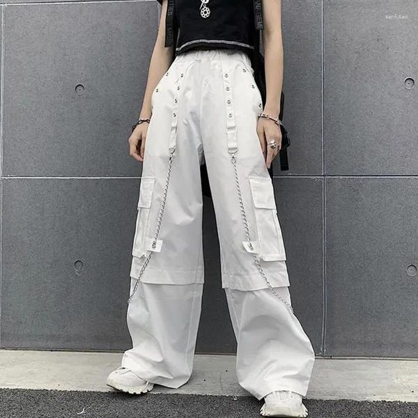 Pantalon Femme Chaîne Femmes Blanc Cargo Été Mode Streetwear Femme Hip Hop Pantalon Gothique Casual Taille Haute Lâche Jambe Large