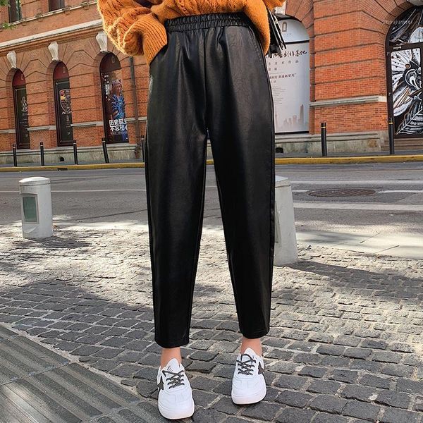 Pantalones de mujer Chic cintura alta de cuero de imitación mujeres lápiz suelto oficina damas streetwear bolsillos pantalones más tamaño casual negro capris