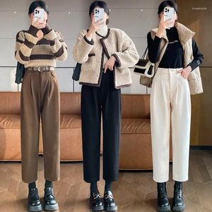 Pantalon femme Chic épais laine avec ceinture femmes automne hiver Style coréen taille haute pantalon femme décontracté lâche jambe droite 2024