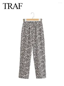 Damesbroeken chique broek luipaard print hoge taille elastische zakken volledige lengte zomer dames 2024 trendy