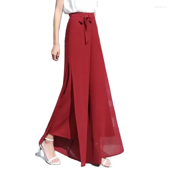 Pantalones de mujer de gasa de pierna ancha, pantalón de cintura alta, falda holgada con abertura lateral recta, pantalones de moda de gran tamaño Z150 2024