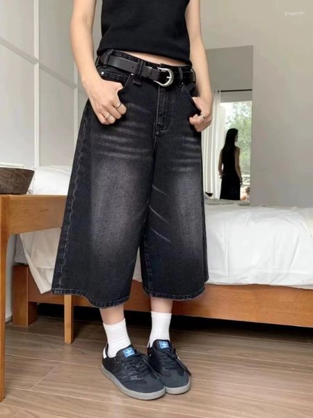 Pantalon femme style chinois denim noir automne vintage taille haute longueur mollet Y2k e-girl lâche droite jambe large
