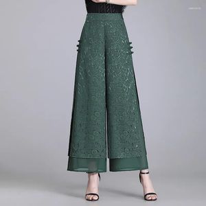 Damesbroeken Chinese stijl Chiffon brede broek vrouwelijke elegante vintage zomer dunne split losse rok vrouwen zwart groen