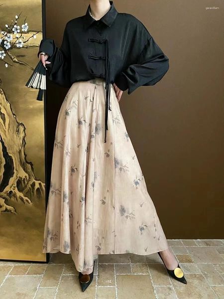 Pantalones de tinta zen de estilo femenino con cortinas floral faldas de piernas anchas y versátiles a principios de la primavera