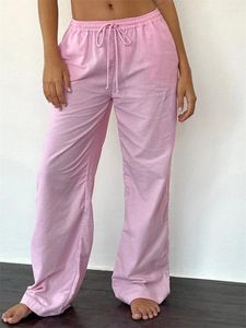 Pantalon féminin chronstyle Femmes lâches décontractées à la jambe large cordon de taille élastique imprimé à plaid / couleur de couleur de couleur solide 2024 Bottoms