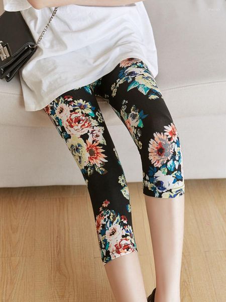 Pantalon Femme CHSDCSI Femmes Summer Capris Court Élastique Noir Floral Imprimé Stretch Casual Legging Femme Respirant Leggins Dropship