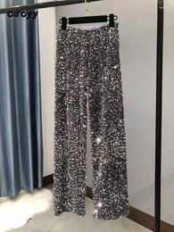 Pantalon Femme Circyy Y2K Femme Taille élastique Paillettes Pantalon à jambes larges Brillant Pleine longueur Droite Femme High Street 2023 Mode