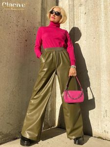 Pantalon féminin mode Clove Green Pu Leather 2024 hiver lâche haute taille élégante Classic large pantalon féminin Vêtements