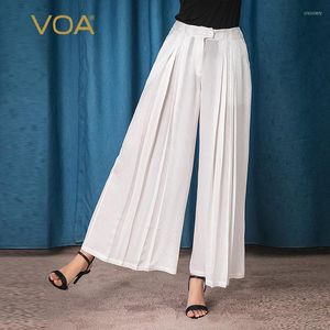 Pantalons pour femmes (vente de liquidation) VOA soie blanc Jacquard pantalon ample légèrement transparent plissé Culottes été mode jambe large K50