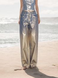 Pantalones de mujeres Jeans de bolsillo de mosaico de color para mujeres Button Splica Streetwear Femenina hábil