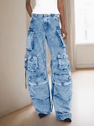 Damesbroeken Colorblock Vintage Patchwork Pocket Cargo Pant voor vrouwen High Taille Splited Button Streetwear Wide Leg Vrouw