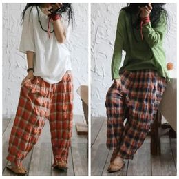 Damesbroeken Katoen Linnen Vrouwelijk Casual Schotse ruit Losse Wijde pijpen Lang 2024 Oversize Zomer Schotse Plaid Palazzo Baggy Harem