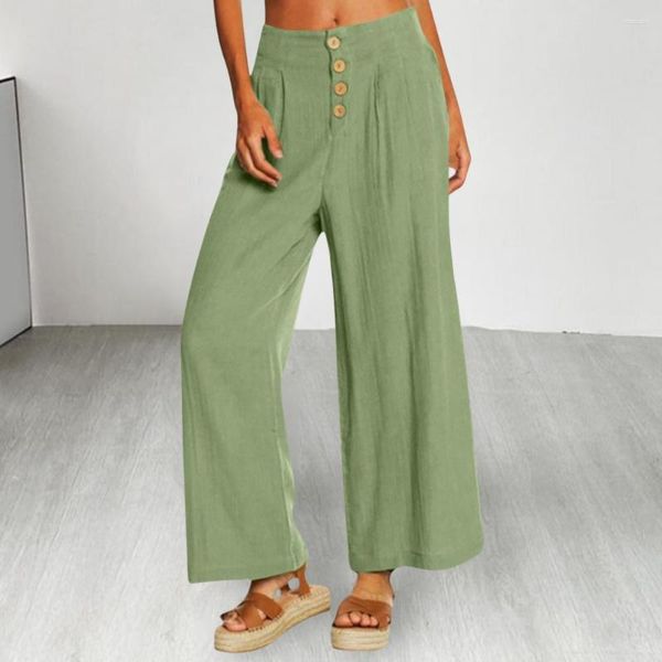 Pantalones de mujer de lino y algodón para mujer, pantalón de pierna ancha informal, recto, elegante, de cintura alta, holgado, con pliegues elásticos