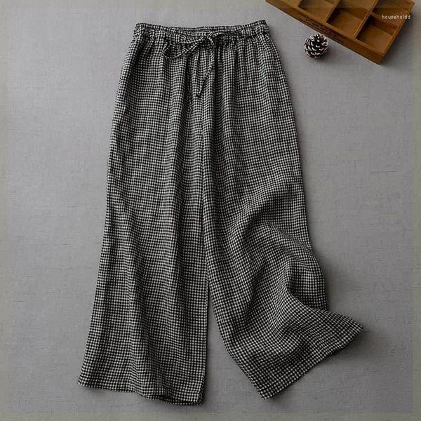 Pantalon pour femmes Plaid en lin en coton lâche décontracté vintage de style coréen pantalon harajuku