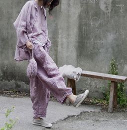 Damenhosen Baumwolle Leinen Breites Bein Frauen Vintage Harajuku Koreanische Mode Elastische Taille Hose Lose Lässige Lila Kleidung