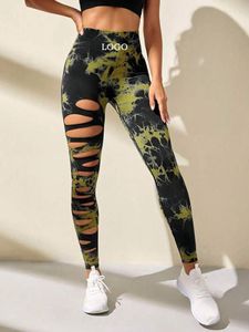 Pantalones para mujer Logotipo personalizado 2024 Hollow Tie Dye Yoga Cintura alta y elevación de cadera Fitness Running Traje Medias abdominales