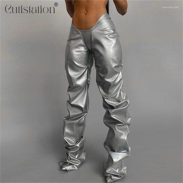 Pantalones de mujer Cutistation Metalizado Plata Cuero Mujer Moda 2023 Low Rise Straight Leg Stacked Grunge Y2k Pantalones Futuristic Cloth