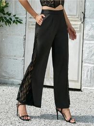 Damesbroek DM Dames Split Lace Patchwork Elegante rechte wide been bijgesneden broek vrouwelijke zomer zwart losse hoge taille dunne pantalones