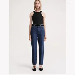 Damesbroek donkerblauw taps toelopende jeans herfst vrouwelijk hoge taille terug logo patchwork losse denim broek