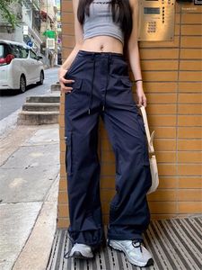 Pantalones para mujer Deeptown estilo coreano carga mujeres Y2K vintage cordón azul marino pantalones de gran tamaño streetwear retro pierna ancha pantalones de chándal