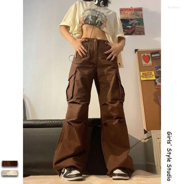 Pantalon Femme Deeptown Vintage Brown Parachute Femmes Casual Blanc Cargo Pantalon Streetwear Harajuku Surdimensionné Femelle Mode Coréenne