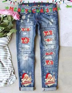 Dames Broeken Denim 2024 Vroege Lente Nieuwste Mode Veelzijdig Vrolijk Kerstfeest Kerstman Sneeuwvlok Print Zak Gescheurde Jeans