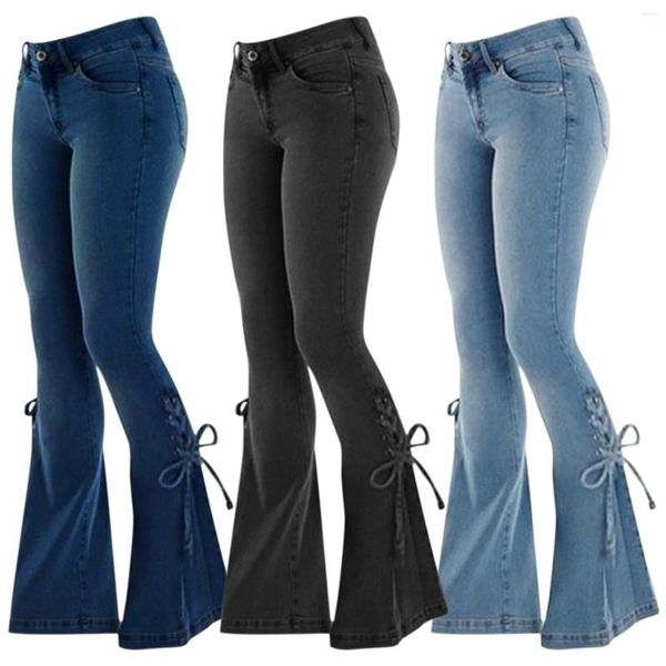 Pantalones para mujer Denim Jeans Mujeres Cintura alta Pantalones acampanados Estiramiento Lady Lace Up Blue Bell Bottom Cowgirl Vintage Y2K