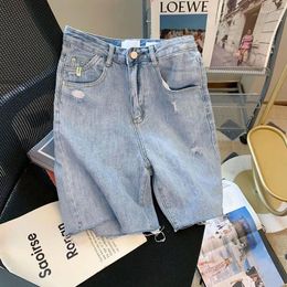 Pantalones de mujeres Denim |Summer imprescindible color sólido simple corta corta áspera pantalones cortos de borde informal de la moda coreana suelta