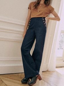 Pantalon femme Denim jambe large jean femme Double boutonnage taille haute fermeture éclair Vintage 2023 automne femme longue avec poches