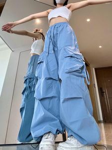 Pantalon femme Design Parachute salopette été mince américain décontracté hip hop ample jambe large bleu vêtements Y2K