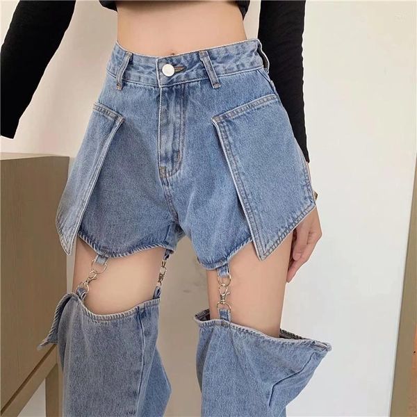 Pantalon pour femme, jean fin détachable de styliste, épissure de verrouillage, taille haute, jambe droite, Sexy, fille épicée, pantalon ajouré