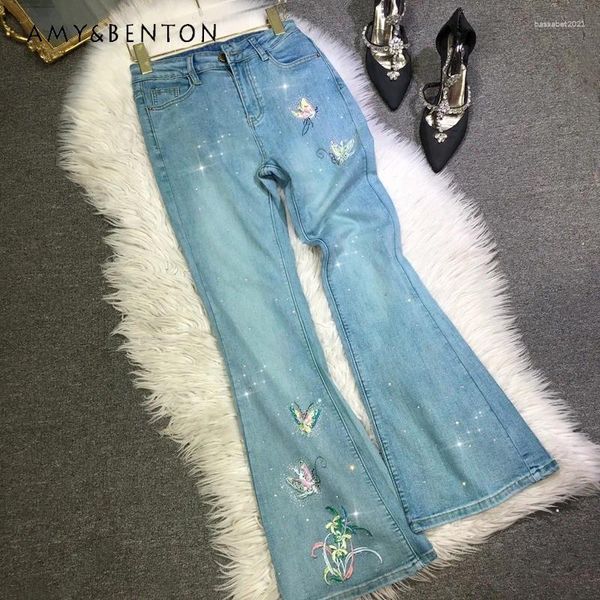 Pantalones de mujer Taladros de diamantes Jeans Jeans hechos a mano Bordida bordada Cintura alta adelgazante Spring de primavera de verano