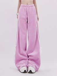 Pantalones para mujer Dophee Pink Casual Mujer Pantalones largos 2024 Primavera Vintage Vendaje Arco Todo fósforo Dopamina Cintura elástica Mujer Terciopelo