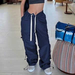 Pantalon femme cordon Vintage Baggy Cargo taille basse bleu Patchwork poche Parachute jambe large Joggers femmes Streetwear Y2k