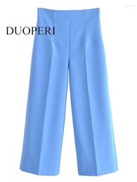 Pantalon femme DUOPERI femmes mode bleu fermeture éclair latérale jambe large Vintage taille haute pleine longueur femme Chic dame pantalon