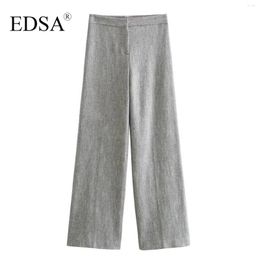 Pantalon féminin EDSA Femmes Élégant gris Great-leg Herringbone Pantalon haute taille pour la dame de bureau Bouton Interior Metal Crochet long Pantalon