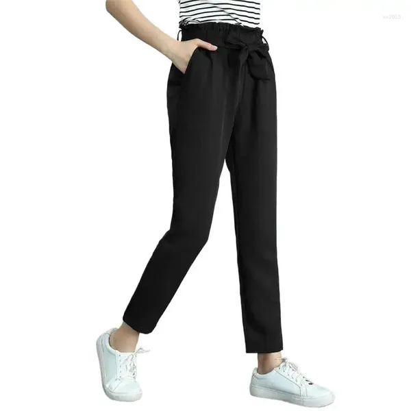 Pantalones de mujer elásticos de cintura alta Harem negro mujer verano Casual talla grande trabajo de dama Pantalones de gasa moda coreana Pantalones