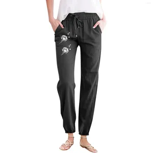 Pantalon féminin élastique taille haute mode simple couleur solide partielle pantoure de poche à crampons de poche imprimé de poche