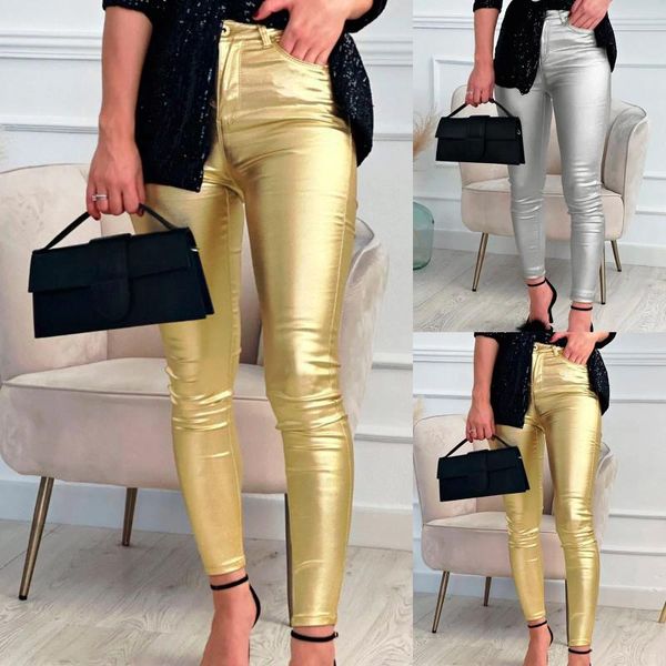 Pantalon femme élastique en cuir extensible plissé Sexy taille moyenne Faux Leggings or argent rembourré Ropa De Mujer