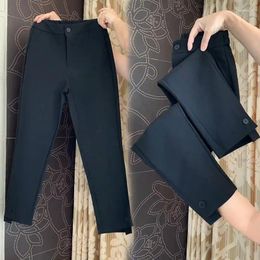 Damesbroeken, elastische taille, cropped voor de zomer, zwart, casual, met rechte radijs