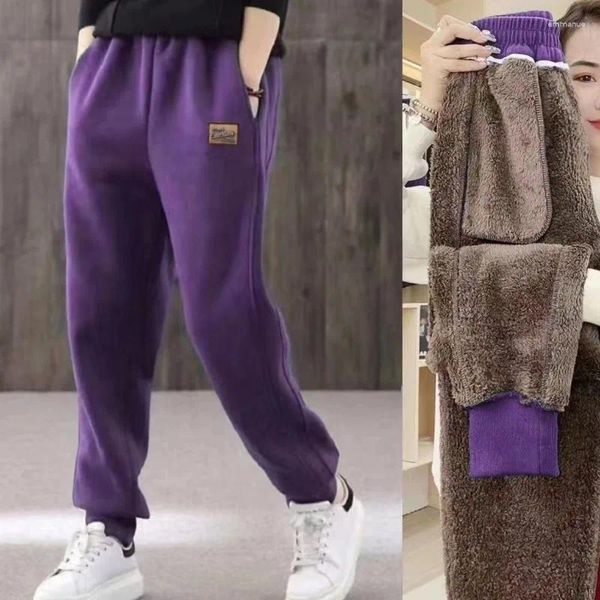 Pantalones de mujer con cordón de cintura elástica, bolsillo sólido, decoración tridimensional, deportes informales de Cachemira sueltos de invierno